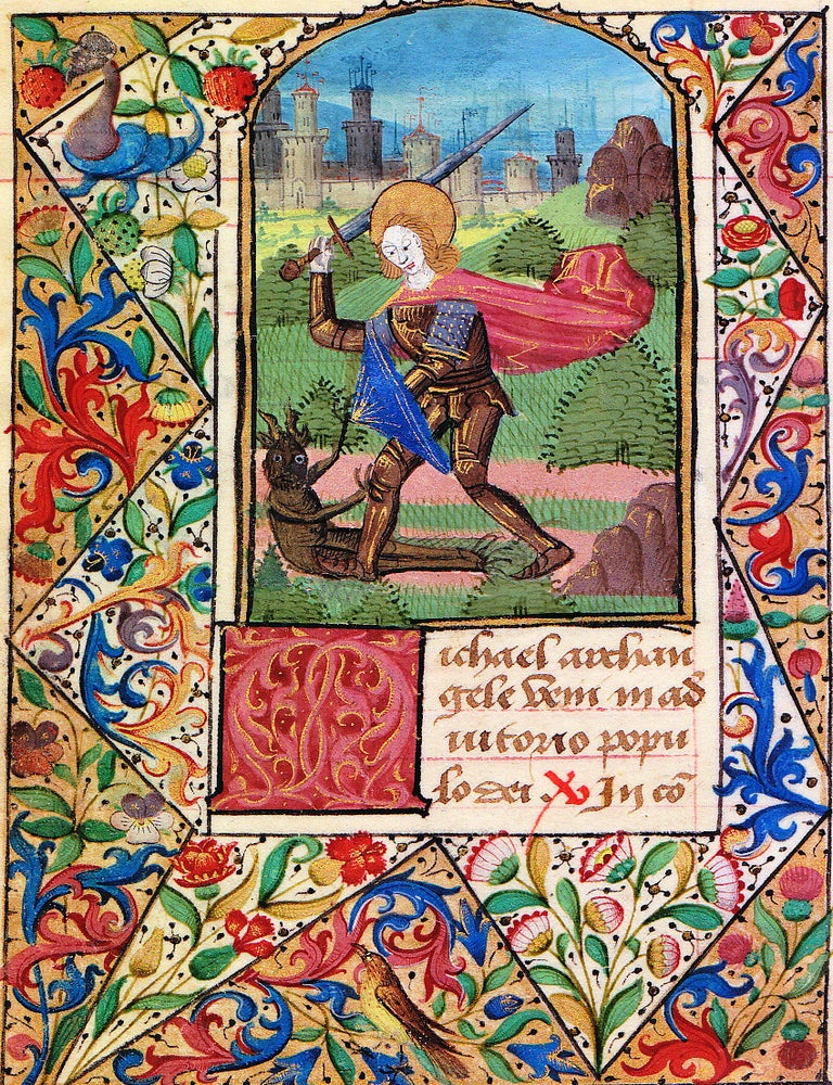 Item #1017 Illuminated Manuscript: Saint Michael Battling a Demon from a 15th Century Book of Hours. illuminated Manuscript.