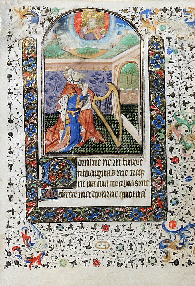 Item #1272 Illuminated Manuscript Leaf: King David Kneeling in Prayer. ILLUMINATED MANUSCRIPT.