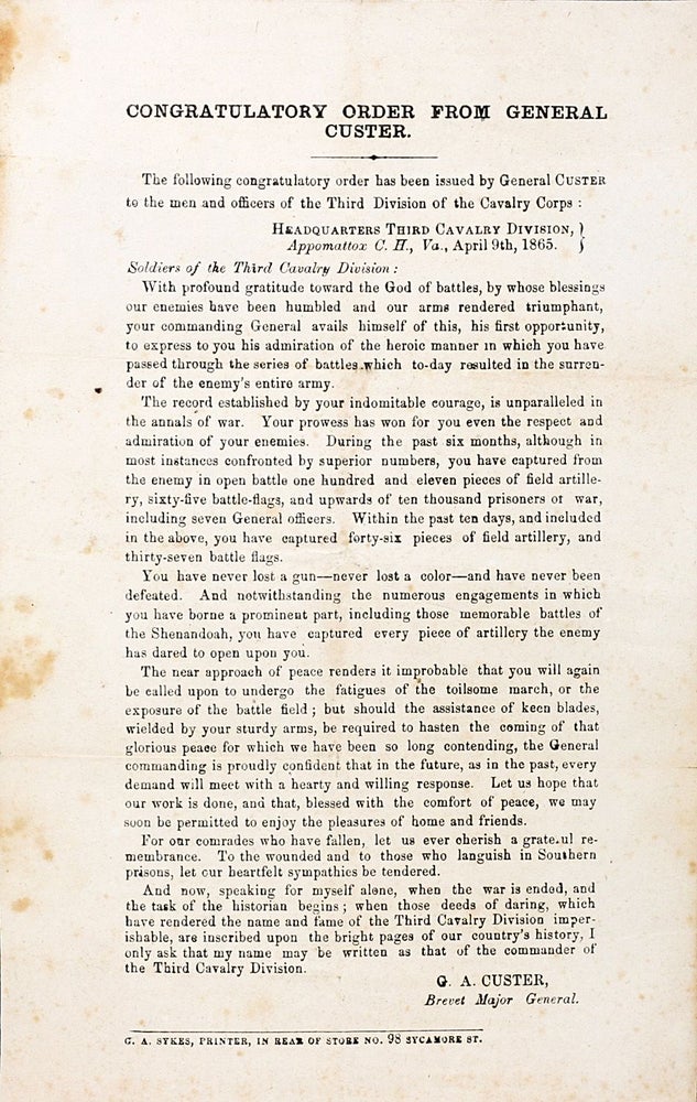 Item #1813 Congratulatory Order from General Custer. GEORGE ARMSTRONG CUSTER.