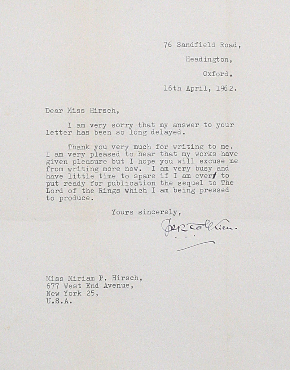 Typed Letter Signed TLS | J. R. R. TOLKIEN | First edition