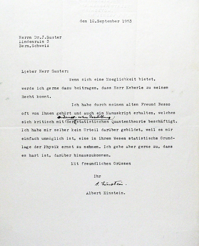 Typed Letter Signed with Autograph Annotation. ALBERT EINSTEIN.