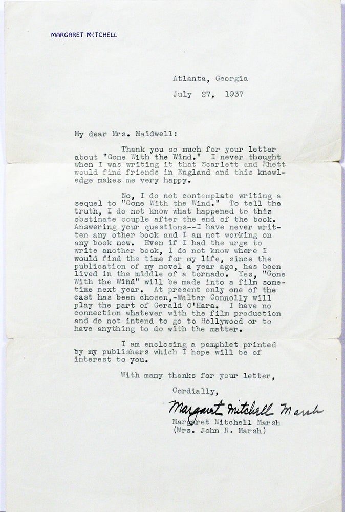 Item #2409 Typed Letter Signed [“Margaret Mitchell Marsh”] on Gone With the Wind. MARGARET MITCHELL.