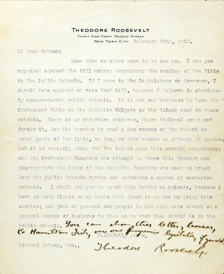 Item #2422 Typed Letter Signed with Autograph Additions [TLS]. THEODORE ROOSEVELT.