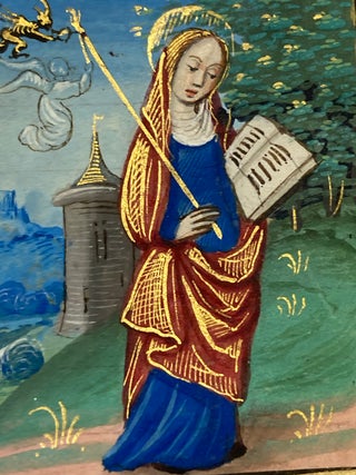 Item #2488 Illuminated Manuscript Leaf from a 15th-Century Book of Hours Depicting St. Genevieve....