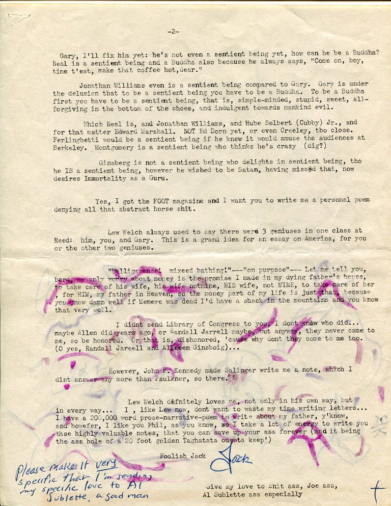 Typed Letter Signed [TLS] to Philip Whalen (7 February 1963. JACK KEROUAC.
