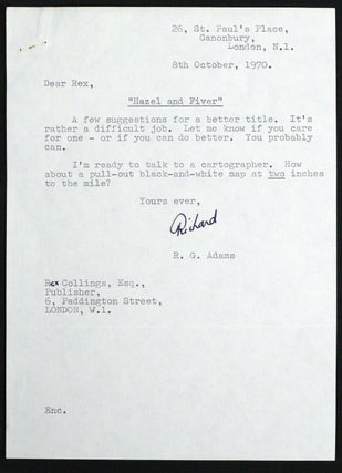 Typed Letter Signed [TLS] discussing possible titles for Watership Down and the famous map
