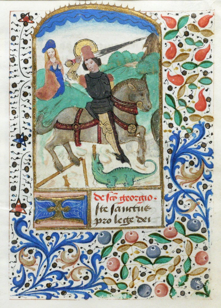 Item #2665 Leaf from Book of Hours with Miniature of St. George and the Dragon. ILLUMINATED MANUSCRIPT.