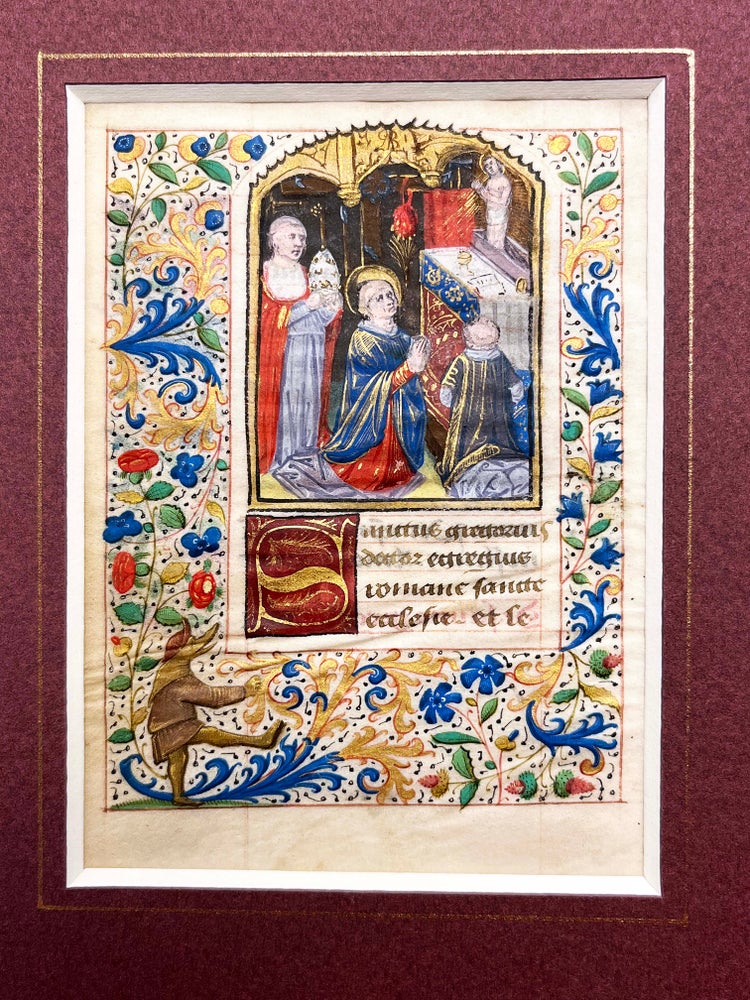 Item #2671 Illuminated Manuscript Miniature depicting the Mass of St. Gregory. ILLUMINATED MANUSCRIPT LEAF.
