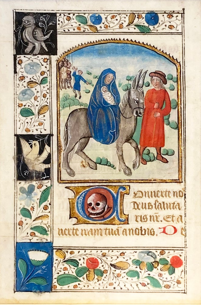 Item #2731 Illuminated Manuscript Leaf with Miniature depicting the Flight into Egypt from a Book of Hours c. 1490 . ILLUMINATED MANUSCRIPT.