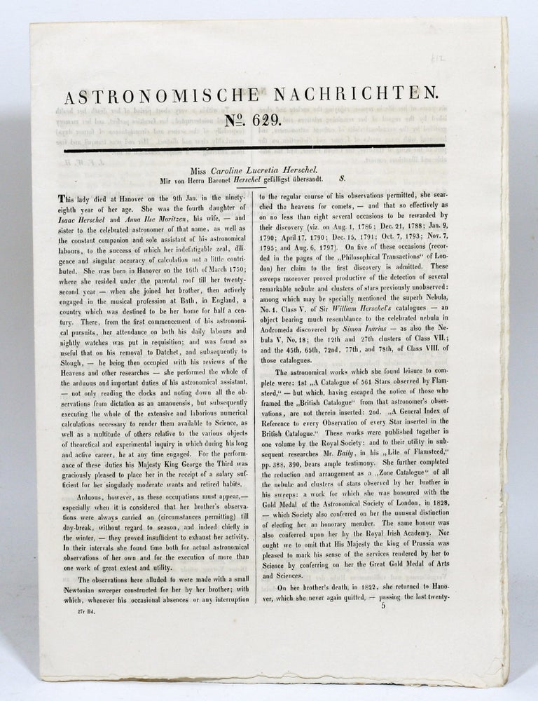 Item #2870 [Obituary Notice of] Miss Caroline Lucretia Herschel, Astronomische Nachrichten, No. 629. CAROLINE LUCRETIA HERSCHEL.