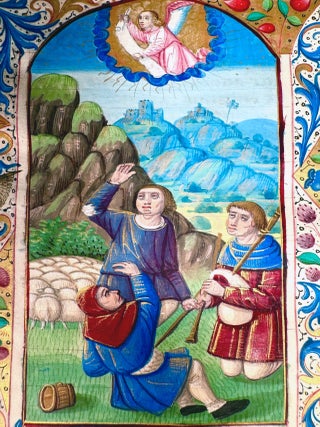 Item #2952 Illuminated Manuscript Leaf: Announcement to the Shepherds by the well known Entry...
