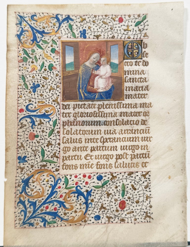 Illuminated Manuscript Leaf in Latin on Vellum: Mother and Child (Northern France, c.1475. ILLUMINATED MANUSCRIPT.