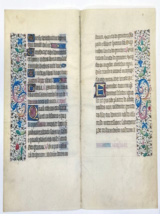 Item #2986 Two Leaves from French Book of Hours with Psalms. ILLUMINATED MANUSCRIPT LEAVES