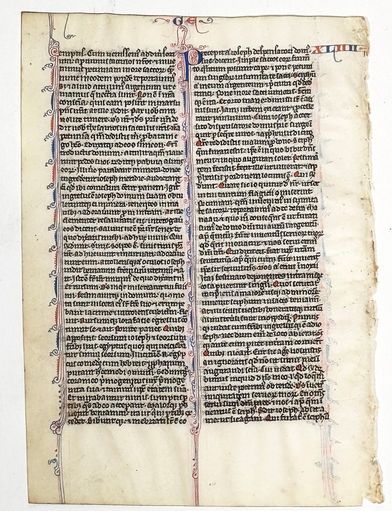 Item #2990 Illuminated Manuscript Leaf From Genesis: Joseph&rsquo;s Story (c. 1250). ILLUMINATED MANUSCRIPT LEAF.