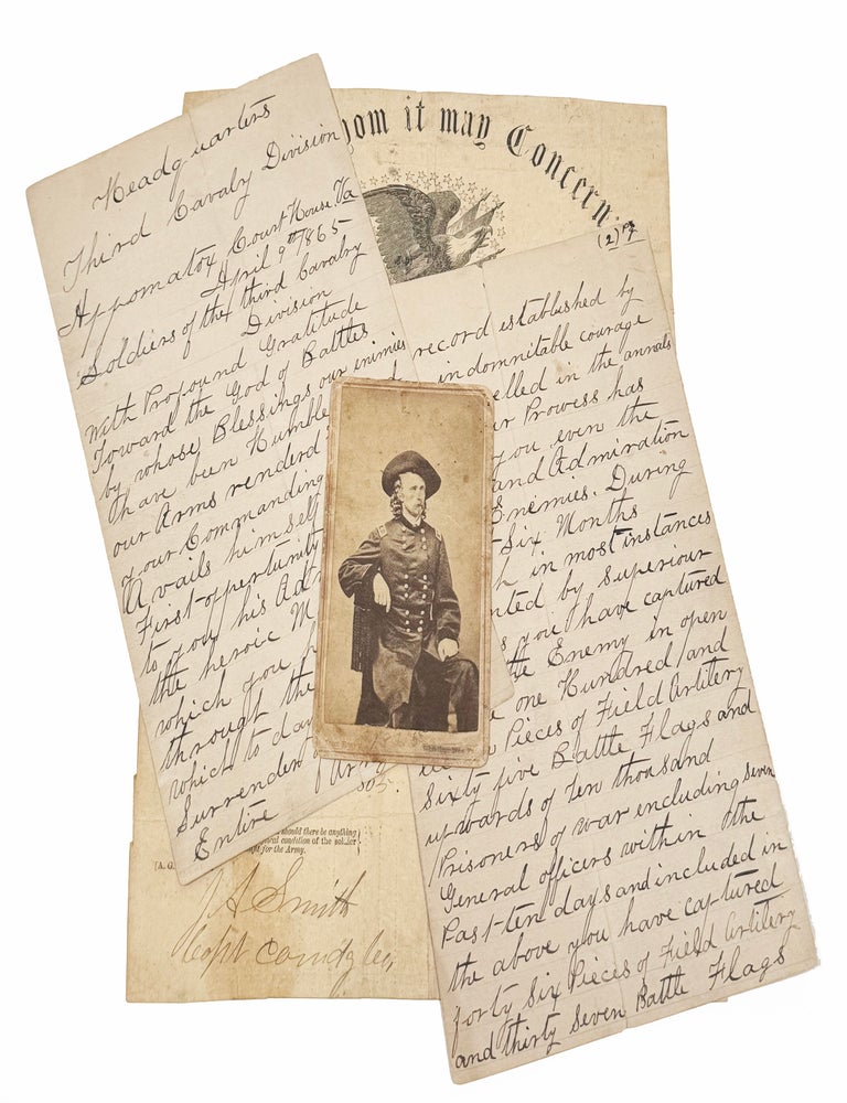 Manuscript of Congratulatory Order to the Third Cavalry Division; Custer's Carte De Visite;. GEORGE ARMSTRONG CUSTER.