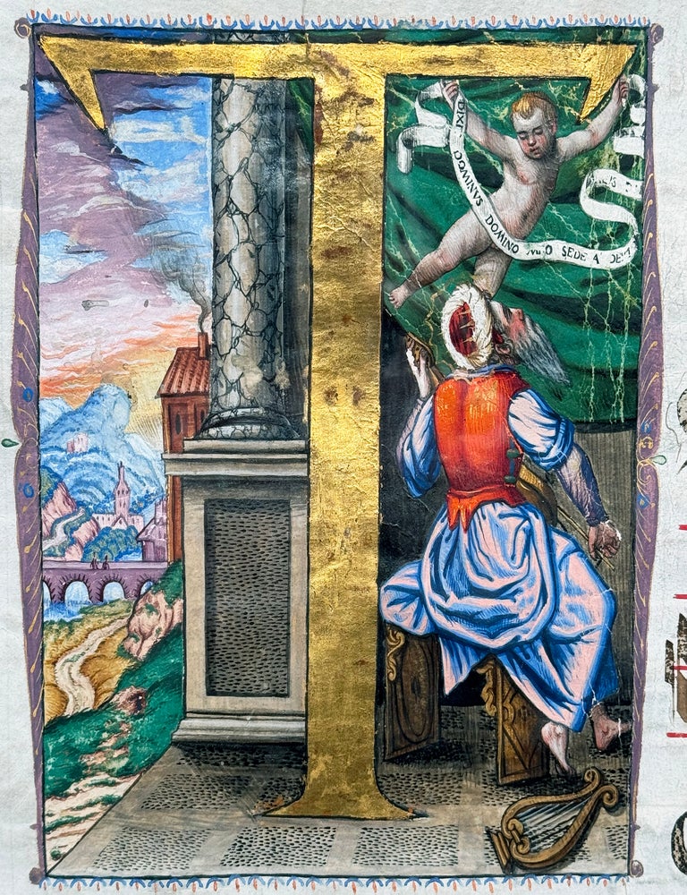 Item #3030 Illuminated Manuscript Leaf from and Antiphonal with Miniature of King David; Psalms 110, 111. ILLUMINATED MANUSCRIPT LEAF.