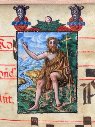 Item #3053 Illuminated Manuscript Leaf from an Antiphonal with Miniature of Saint John the...