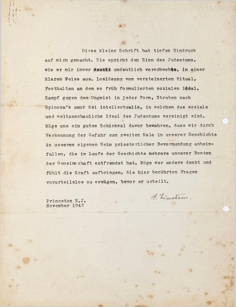 Item #3079 Signed Typescript Statement, Later Published as the Foreword to G. H. Shikmoni&rsquo;s Humanistisches Judentum [Humanistic Judaism]. ALBERT EINSTEIN.
