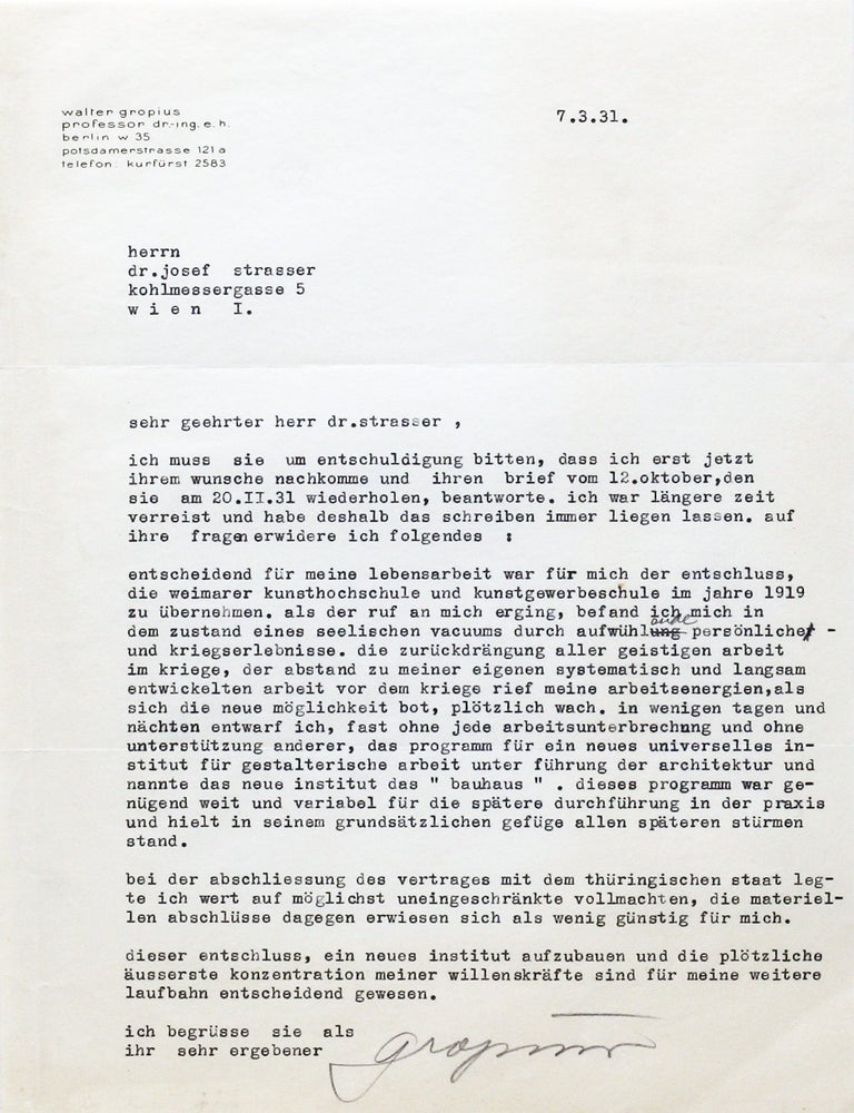 Item #3085 Typed Letter Signed [TLS]. WALTER GROPIUS, BAUHAUS.