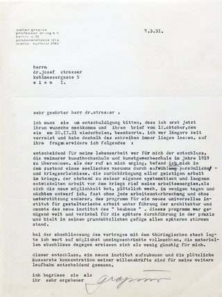 Item #3085 Typed Letter Signed [TLS]. WALTER GROPIUS, BAUHAUS